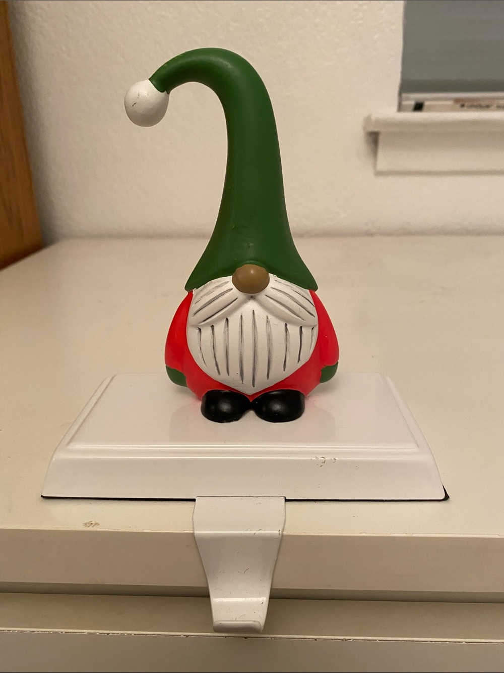 Festive Red and Green Gnome Metal and Resin Holiday Christmas Stocking Holder